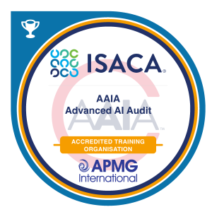AAIA certification badge from ISACA, featuring the ISACA logo and the text 'Advanced AI Audit.'