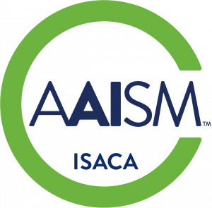 AAISM certification badge from ISACA, featuring the ISACA logo and the text 'Advanced in AI Security Management.