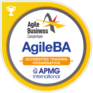 AgileBA Foundation and Practitioner certification badge from APMG International, featuring the APMG logo and the text 'Agile Business Analysis Foundation and Practitioner.'
