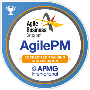 Agile Project Management Foundation and Practitioner certification badge from APMG International, featuring the APMG logo and the text 'Agile Project Management Foundation and Practitioner.'