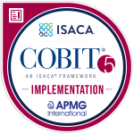 COBIT 5 Implementation certification badge from ISACA, featuring the ISACA logo and the text 'COBIT® 5 Implementation.'