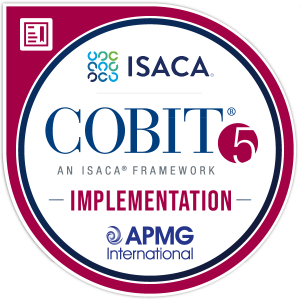 COBIT 5 Implementation certification badge from ISACA, featuring the ISACA logo and the text 'COBIT® 5 Implementation.'