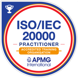 ISO/IEC 20000 Practitioner certification badge from APMG International, featuring the APMG logo and the text 'ISO/IEC 20000 Practitioner.'