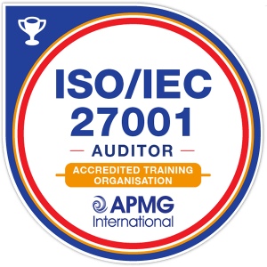 ISO/IEC 27001 Auditor certification badge from APMG International, featuring the APMG logo and the text 'ISO/IEC 27001 Auditor.'