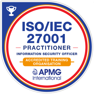 ISO/IEC 27001 Practitioner certification badge from APMG International, featuring the APMG logo and the text 'ISO/IEC 27001 Practitioner.'