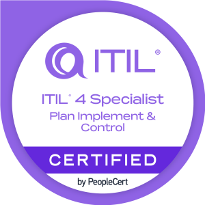 ITIL 4 Specialist Plan, Implement and Control (PIC) certification course image highlighting change enablement, release and deployment, configuration, and asset management practices in IT service management.