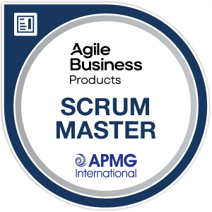 Scrum Master certification badge from APMG International, featuring the APMG logo and the text 'Agile Business Consortium Scrum Master.'