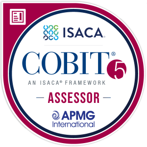 COBIT 5 Assessor certification badge from ISACA, featuring the ISACA logo and the text 'COBIT® 5 Assessor.'