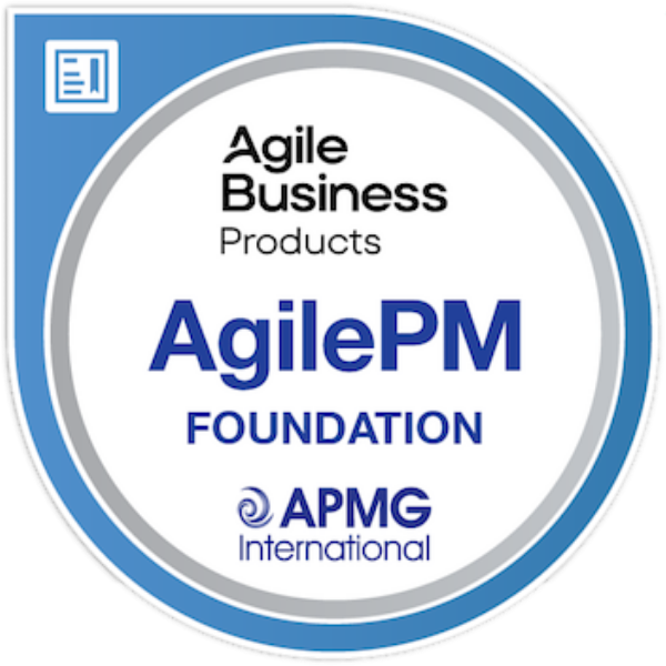 Agile Foundation certification badge from APMG International, featuring the APMG logo and the text 'Agile Project Management Foundation.'