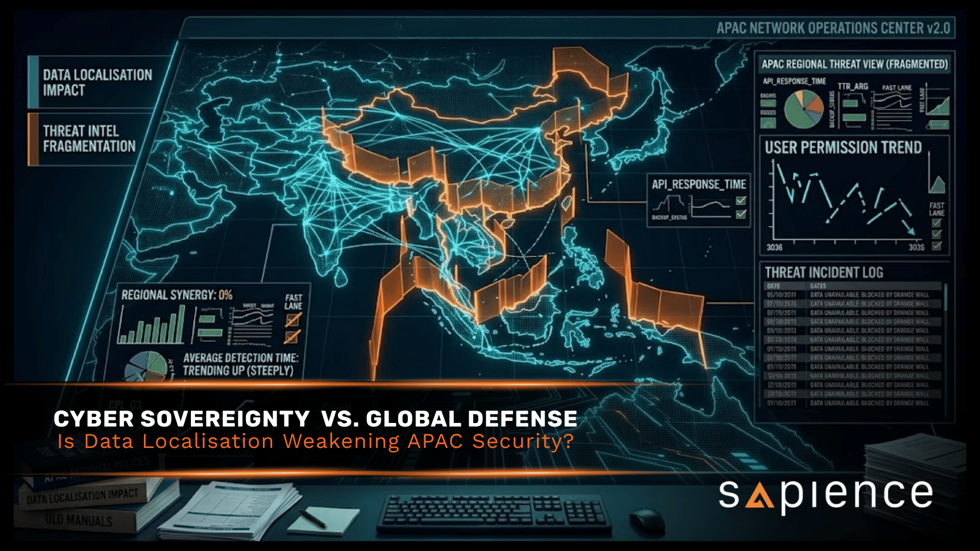 Asia-Pacific data residency and cyber sovereignty banner by Sapience. The visual depicts a fragmented APAC threat map enclosed by digital walls, targeting search intent around data localization laws, cross-border threat intelligence, regulatory compliance, and regional security coordination.