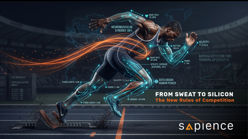 Sprinter exploding from starting blocks overlaid with glowing biometric telemetry data, with text reading : From Sweat to Silicon: The New Rules of Competition by Sapience Consulting