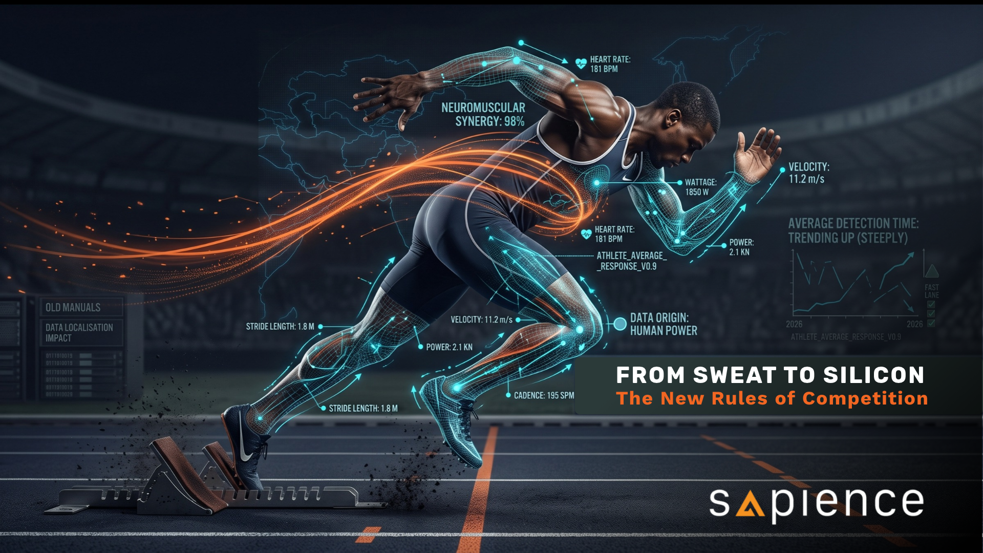 Sprinter exploding from starting blocks overlaid with glowing biometric telemetry data, with text reading : From Sweat to Silicon: The New Rules of Competition by Sapience Consulting