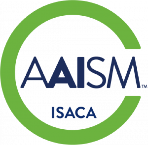 AAISM certification badge from ISACA, featuring the ISACA logo and the text 'Advanced in AI Security Management.