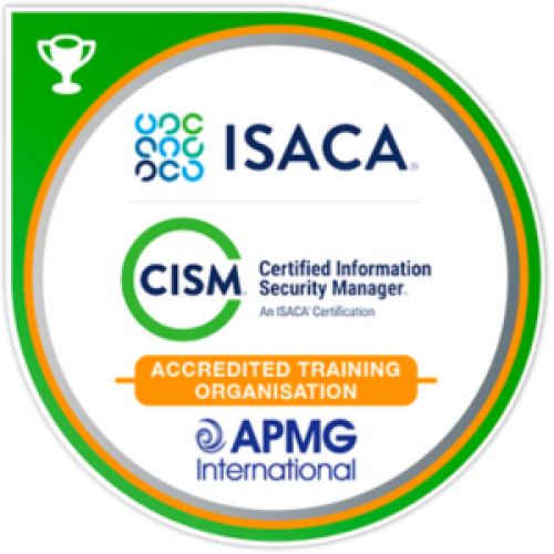 CISM certification badge from ISACA, featuring the ISACA logo and the text 'Certified Information Security Manager.'